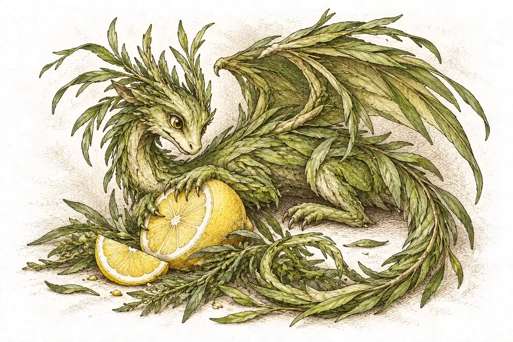 Gravure d'un petit dragon végétal enroulé autour de brins d'estragon et d'un citron