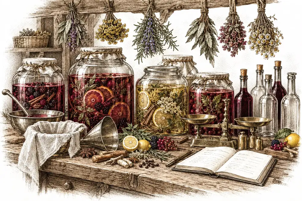 Gravure de l'atelier : bocaux de macération, entonnoir, balance, plantes qui sèchent et bouteilles