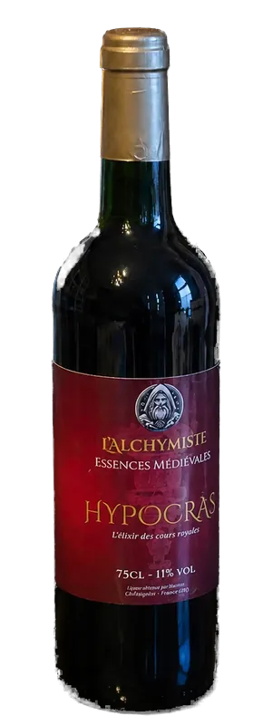 Bouteille d'Hypocras de L'Alchymiste, vin rouge aux épices et au miel, étiquette bordeaux