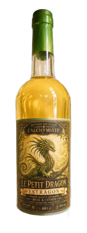 Bouteille du Petit Dragon, vin blanc à l'estragon du Bestiaire des Élixirs, étiquette au dragon vert