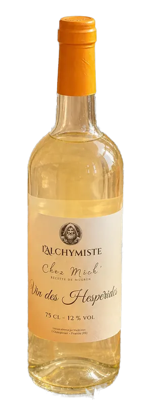Bouteille de Vin des Hespérides, vin blanc à l'orange de la gamme Chez Mich'