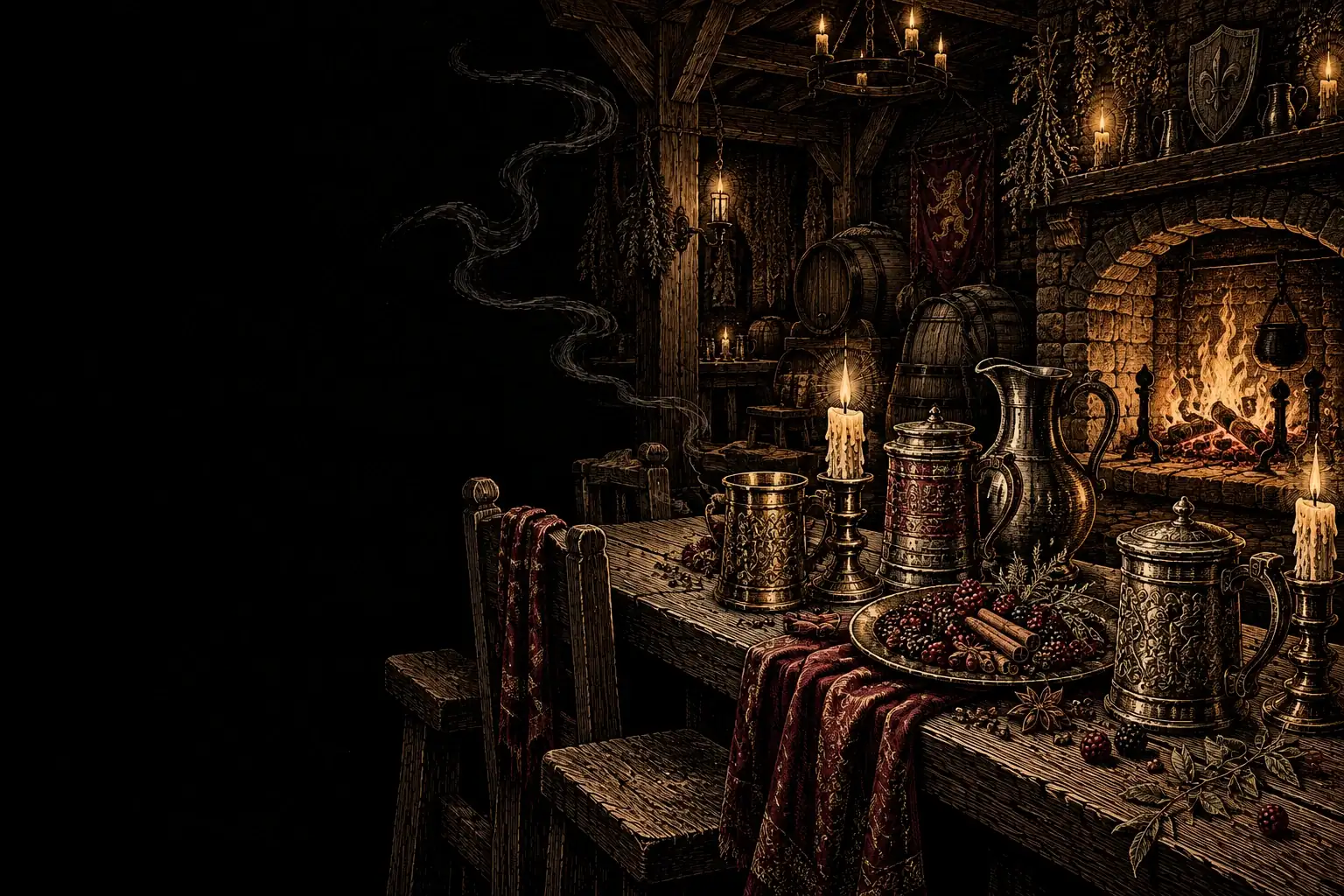 Gravure d'une taverne médiévale la nuit : table de bois, hanaps, chandelles et cheminée