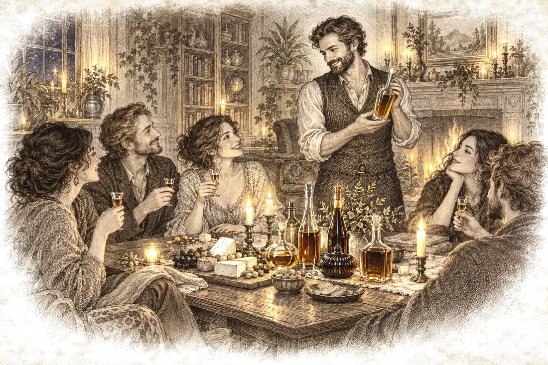 Gravure d'une dégustation à domicile : des amis attablés dans un salon éclairé aux bougies, petits verres à la main, pendant que l'hôte présente une bouteille